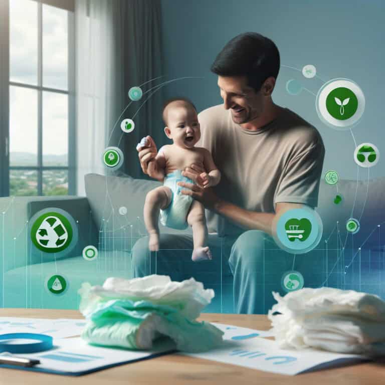 Forelder med baby som holder tøybleier, moderne hjemmemiljø, grønne og blå toner, fokus på bærekraft og dokumenter på bordet